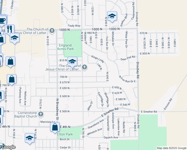 map of restaurants, bars, coffee shops, grocery stores, and more near 597 East 700 North in Tooele