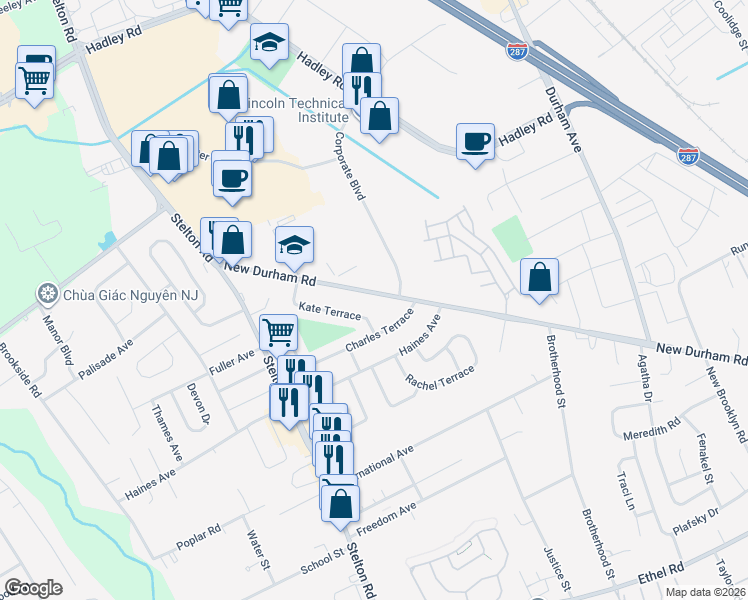 map of restaurants, bars, coffee shops, grocery stores, and more near 509 New Durham Road in Piscataway