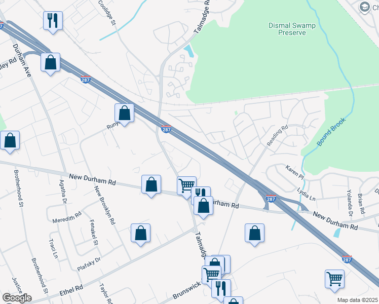 map of restaurants, bars, coffee shops, grocery stores, and more near 421 Waterford Drive in Edison