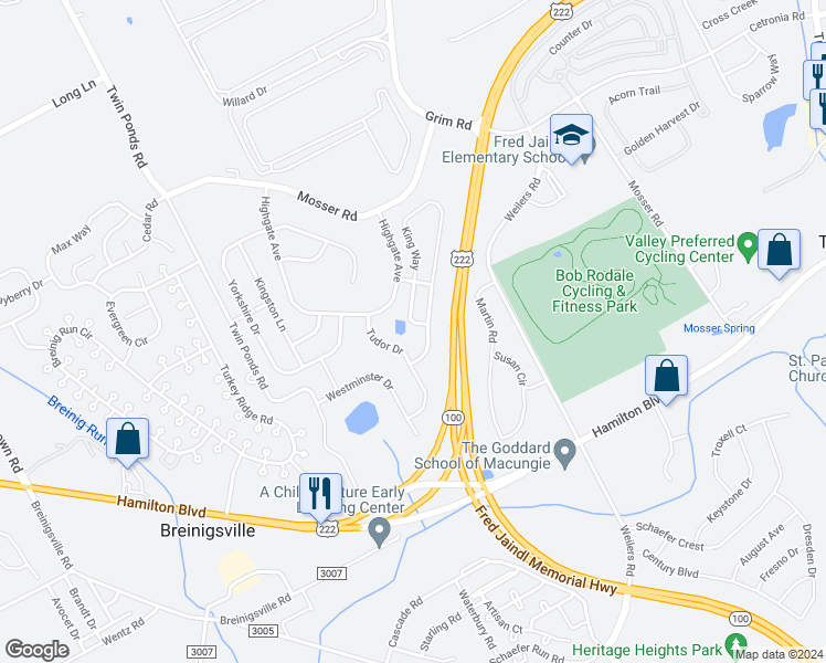 map of restaurants, bars, coffee shops, grocery stores, and more near 857 King Way in Breinigsville