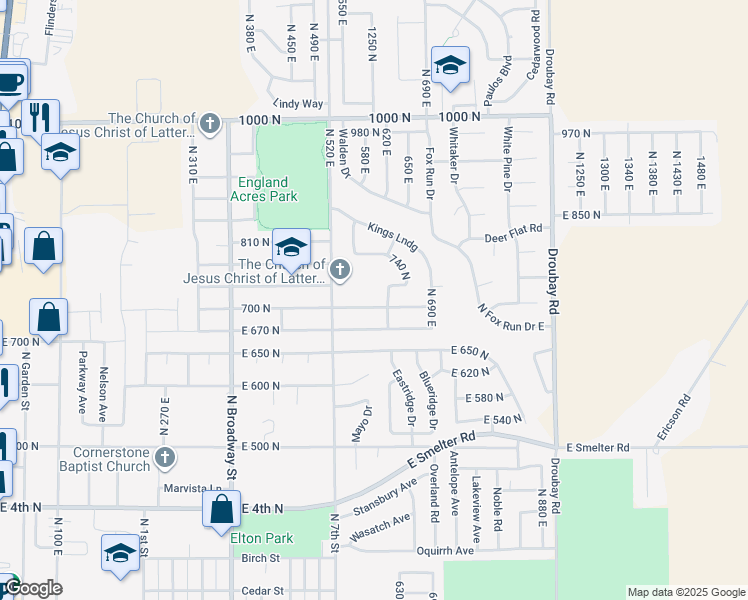 map of restaurants, bars, coffee shops, grocery stores, and more near 597 East 700 North in Tooele