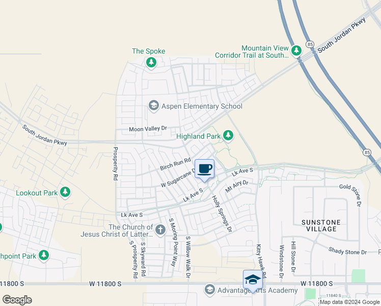 map of restaurants, bars, coffee shops, grocery stores, and more near 11343 South Holly Springs Drive in South Jordan