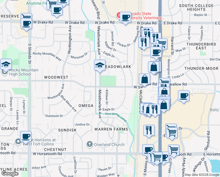 map of restaurants, bars, coffee shops, grocery stores, and more near 412 Bobolink Court in Fort Collins