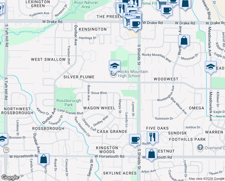 map of restaurants, bars, coffee shops, grocery stores, and more near 3100 Crockett Street in Fort Collins