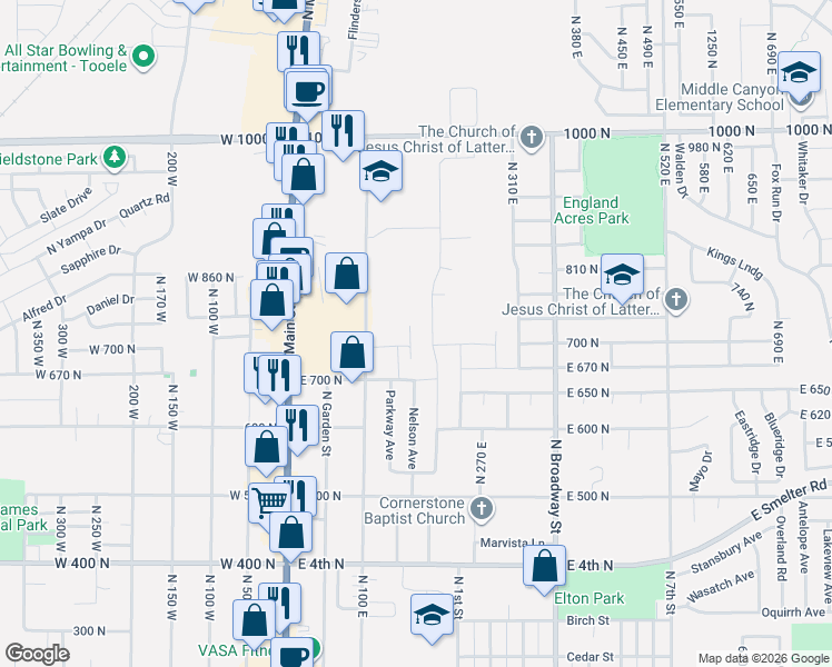 map of restaurants, bars, coffee shops, grocery stores, and more near 715 Brook Avenue East in Tooele