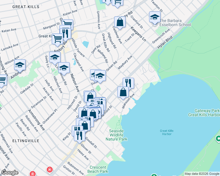 map of restaurants, bars, coffee shops, grocery stores, and more near 3877 Hylan Boulevard in Staten Island
