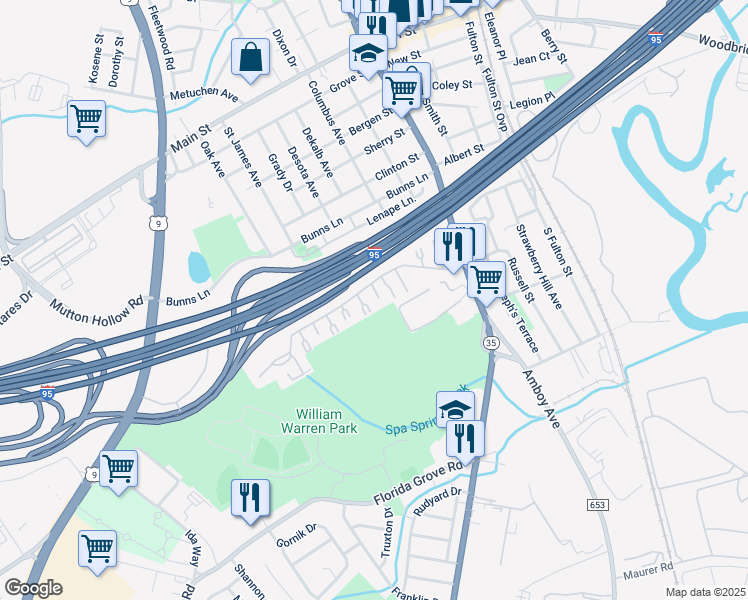 map of restaurants, bars, coffee shops, grocery stores, and more near 319 Cricket Lane in Woodbridge Township