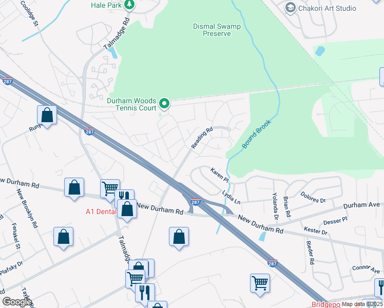 map of restaurants, bars, coffee shops, grocery stores, and more near 56 Karen Place in Edison