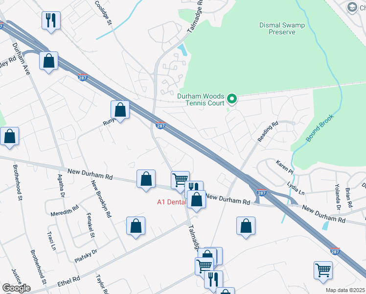 map of restaurants, bars, coffee shops, grocery stores, and more near 421 Waterford Drive in Edison