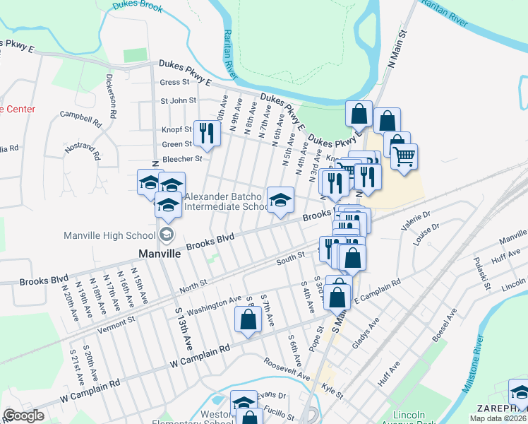 map of restaurants, bars, coffee shops, grocery stores, and more near 109 North 5th Avenue in Manville