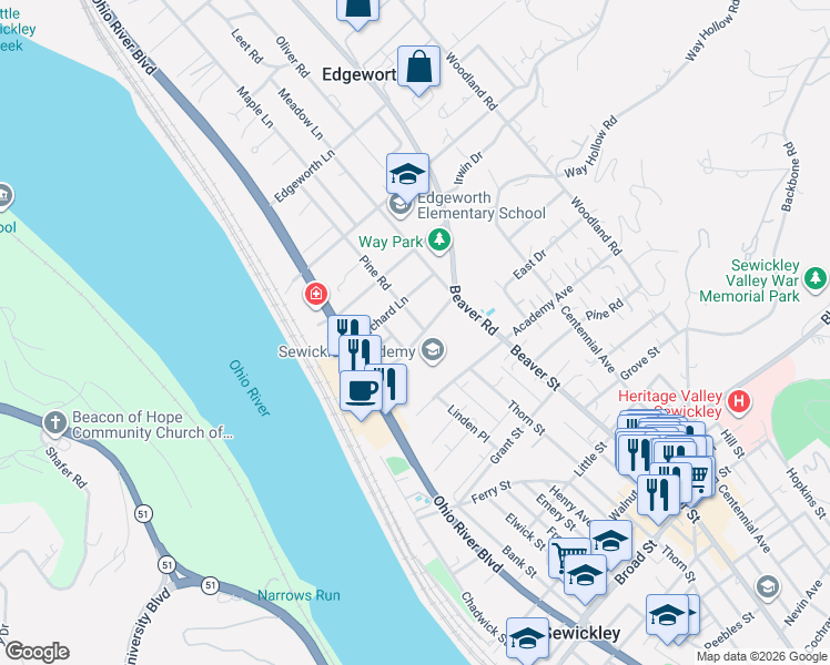 map of restaurants, bars, coffee shops, grocery stores, and more near 104 Elm Lane in Sewickley