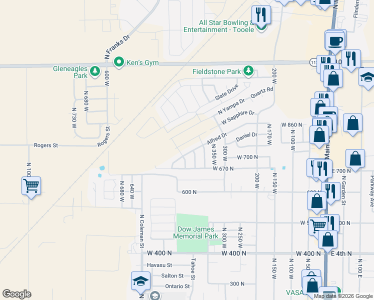 map of restaurants, bars, coffee shops, grocery stores, and more near 438 Alfred Drive in Tooele