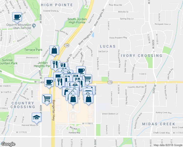 map of restaurants, bars, coffee shops, grocery stores, and more near Lily May Lane in South Jordan