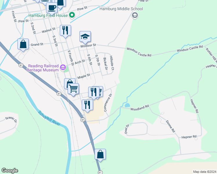 map of restaurants, bars, coffee shops, grocery stores, and more near 707 Hawk Ridge Drive in Hamburg