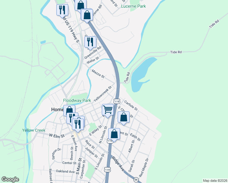 map of restaurants, bars, coffee shops, grocery stores, and more near 355 East Elm Street in Homer City