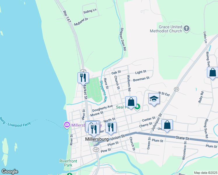 map of restaurants, bars, coffee shops, grocery stores, and more near 762 Race Street in Millersburg