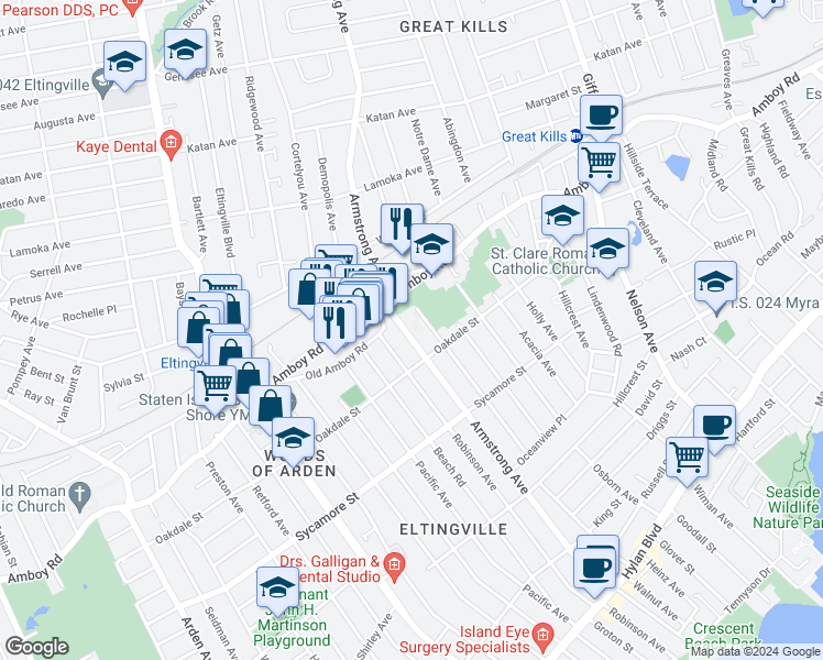 map of restaurants, bars, coffee shops, grocery stores, and more near 485 Armstrong Avenue in Staten Island