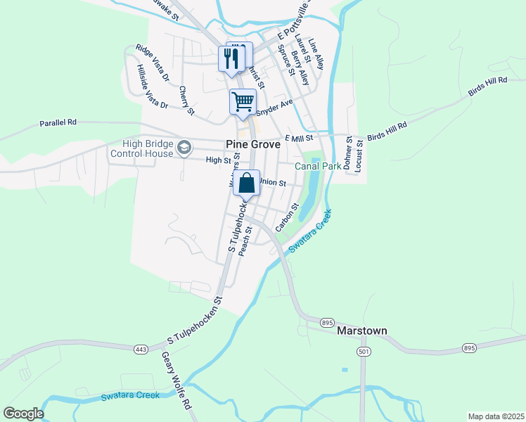 map of restaurants, bars, coffee shops, grocery stores, and more near 18 Maple Street in Pine Grove