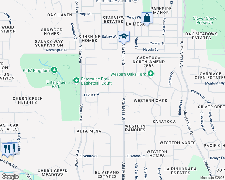 map of restaurants, bars, coffee shops, grocery stores, and more near 2019-2099 El Vista Street in Redding