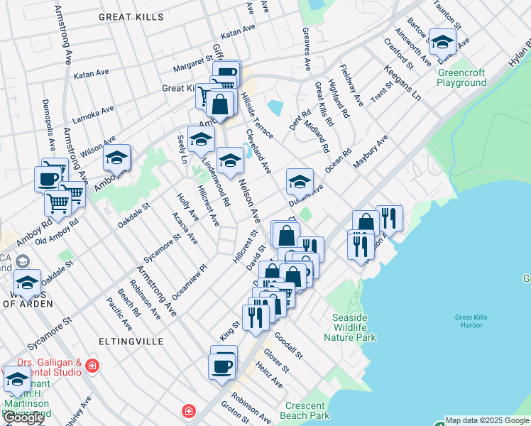 map of restaurants, bars, coffee shops, grocery stores, and more near 110 Monticello Terrace in Staten Island