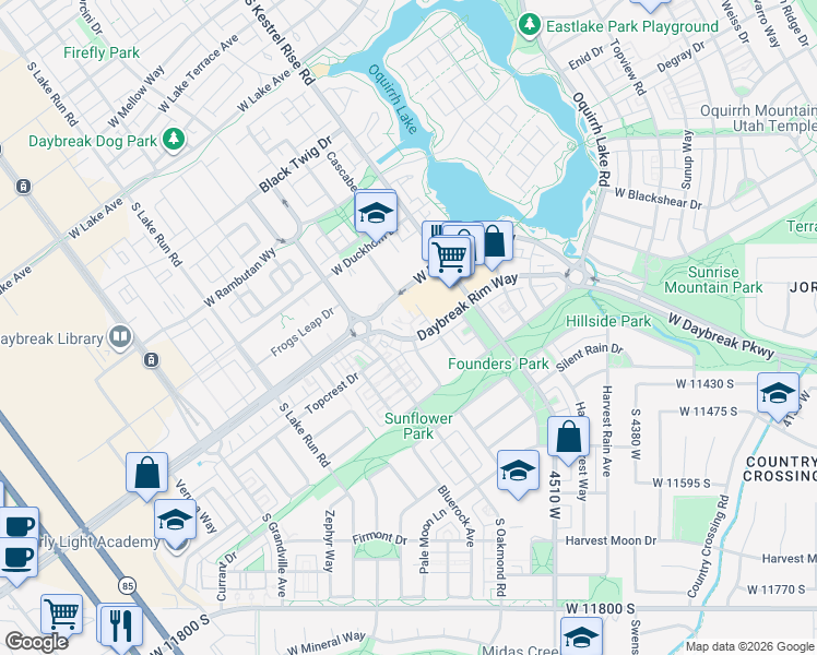 map of restaurants, bars, coffee shops, grocery stores, and more near 4723 Daybreak Rim Way in South Jordan