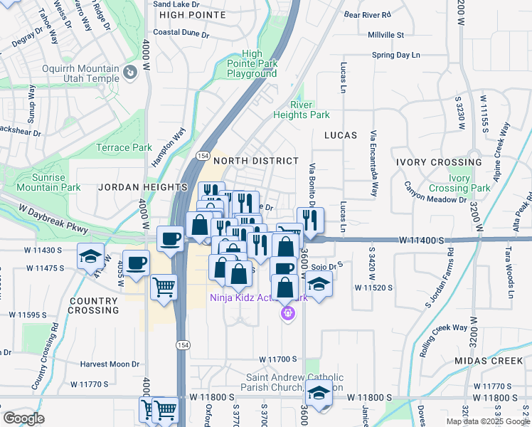 map of restaurants, bars, coffee shops, grocery stores, and more near 11357 Summer Heights Drive in South Jordan