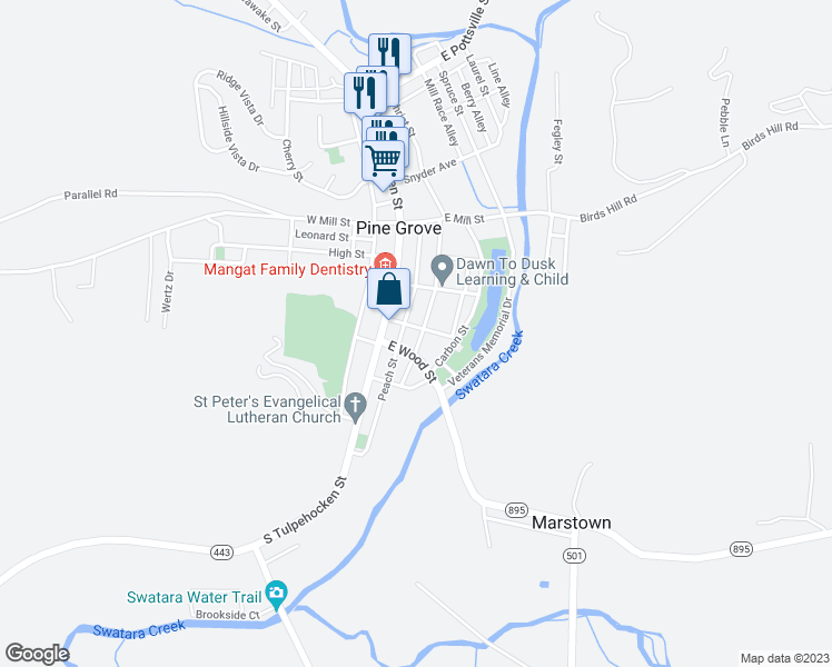 map of restaurants, bars, coffee shops, grocery stores, and more near 18 Maple Street in Pine Grove