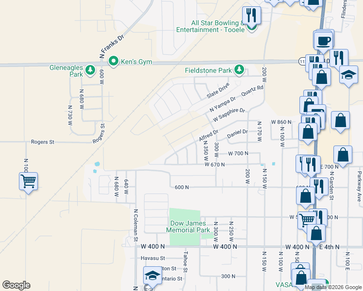 map of restaurants, bars, coffee shops, grocery stores, and more near 432 Alfred Drive in Tooele