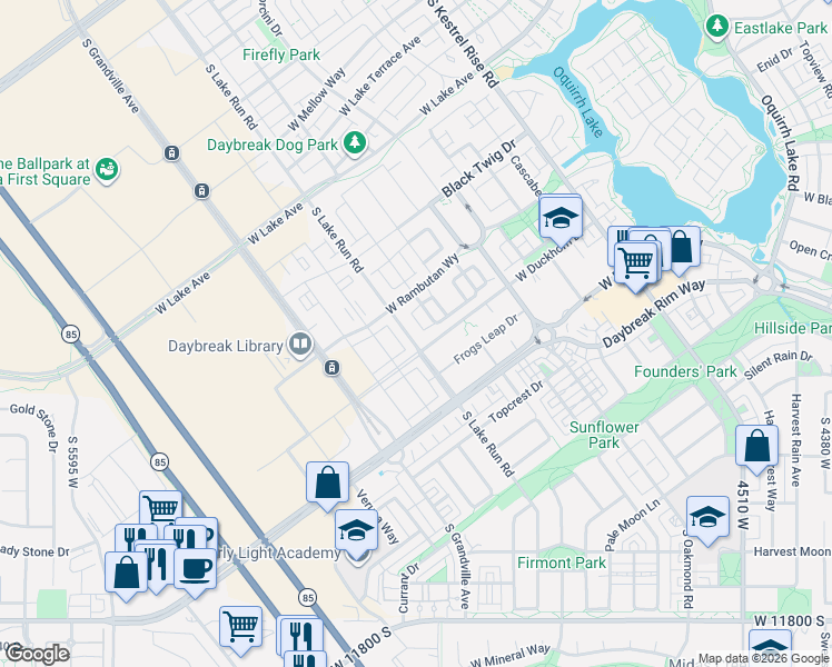 map of restaurants, bars, coffee shops, grocery stores, and more near 11347 South Lake Run Road in South Jordan