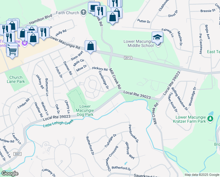 map of restaurants, bars, coffee shops, grocery stores, and more near 1620 Cambridge Drive in Macungie
