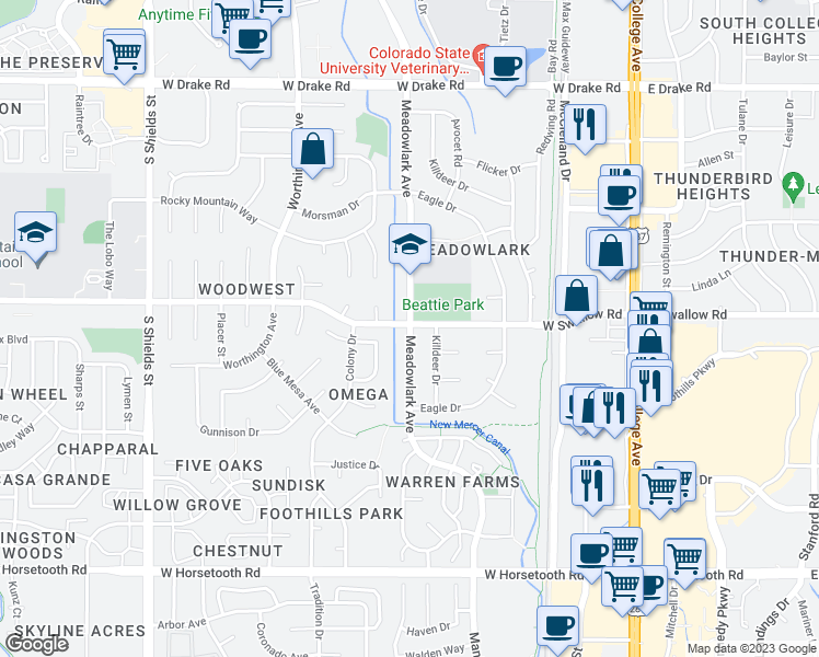 map of restaurants, bars, coffee shops, grocery stores, and more near Meadowlark Avenue in Fort Collins
