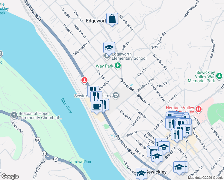 map of restaurants, bars, coffee shops, grocery stores, and more near 315 Academy Avenue in Edgeworth