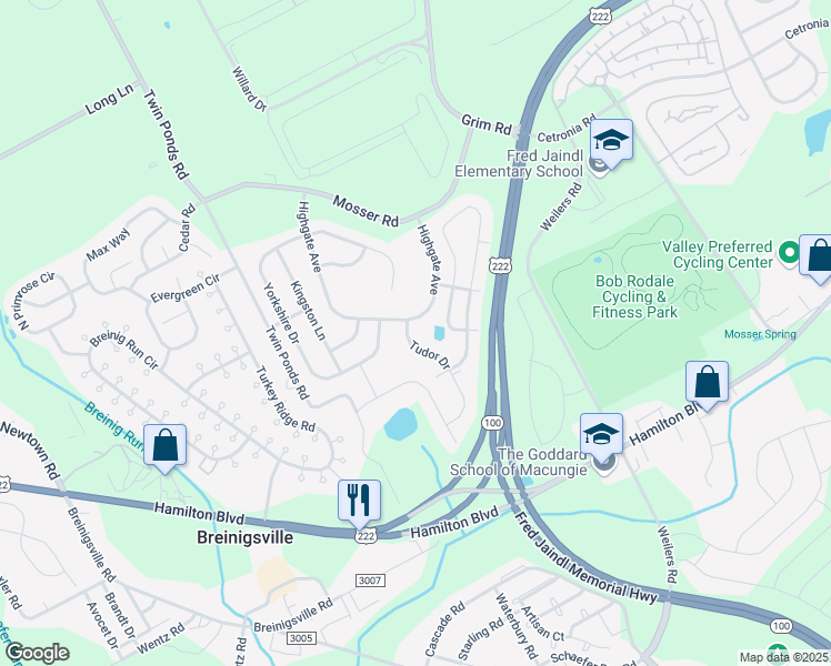 map of restaurants, bars, coffee shops, grocery stores, and more near 1079 Tudor Drive in Breinigsville