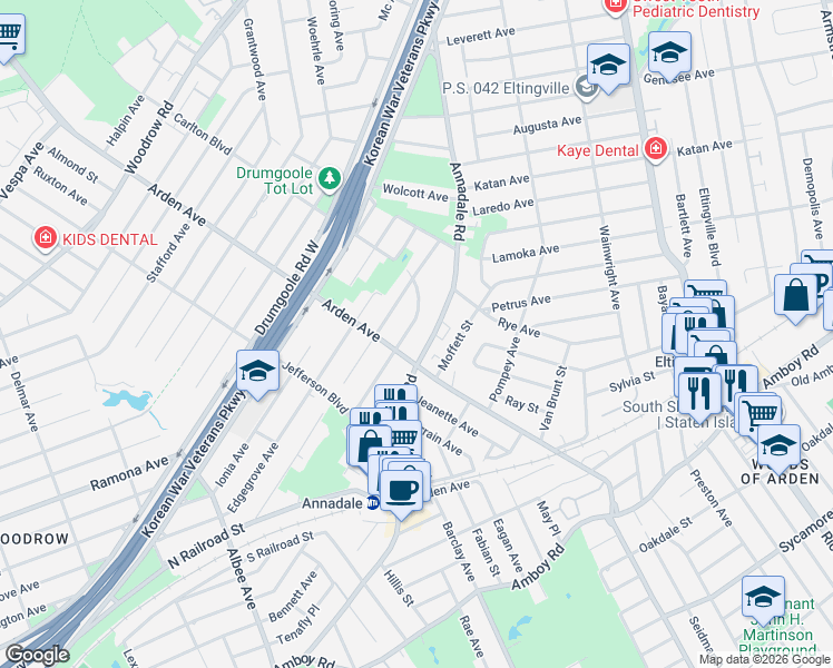 map of restaurants, bars, coffee shops, grocery stores, and more near 710 Annadale Road in Staten Island