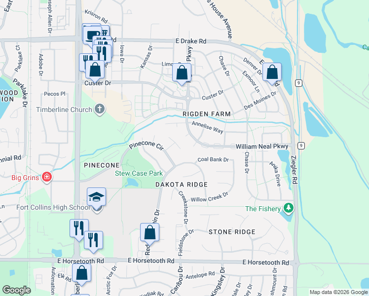 map of restaurants, bars, coffee shops, grocery stores, and more near 2630 Shavano Court in Fort Collins
