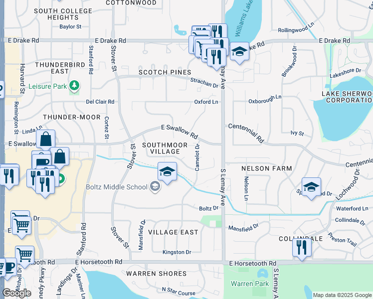 map of restaurants, bars, coffee shops, grocery stores, and more near 3109 Guinivere Court in Fort Collins