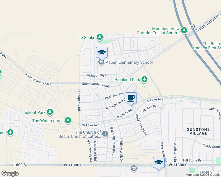 map of restaurants, bars, coffee shops, grocery stores, and more near 11348 Sandbank Way in South Jordan