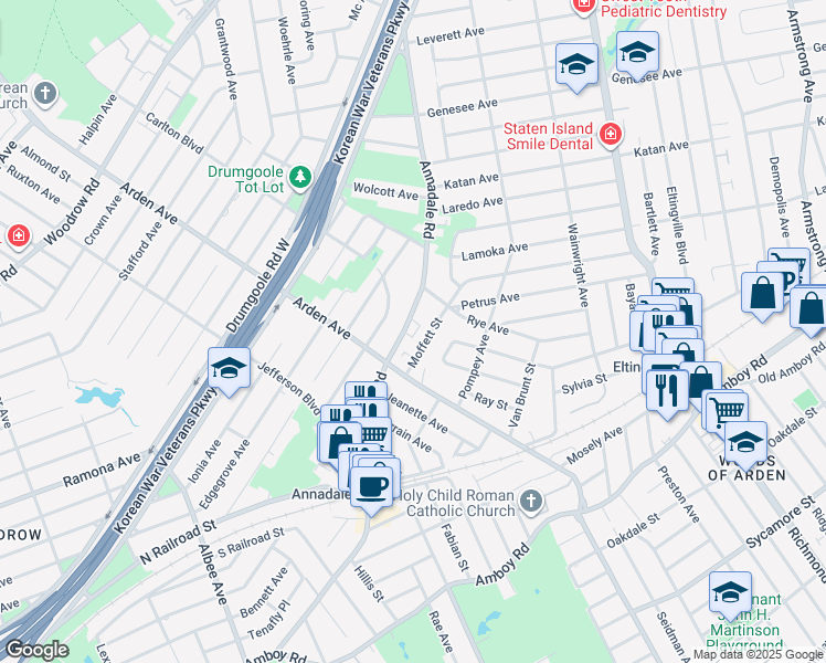 map of restaurants, bars, coffee shops, grocery stores, and more near 76 Moffett Street in Staten Island