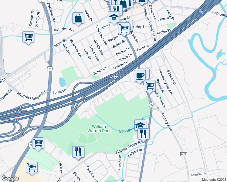 map of restaurants, bars, coffee shops, grocery stores, and more near 319 Cricket Lane in Woodbridge Township