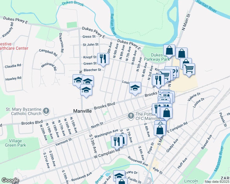 map of restaurants, bars, coffee shops, grocery stores, and more near 125 North 8th Avenue in Manville