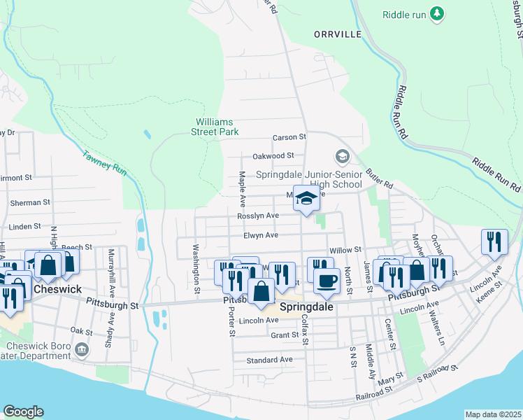 map of restaurants, bars, coffee shops, grocery stores, and more near 454 Rosslyn Avenue in Springdale