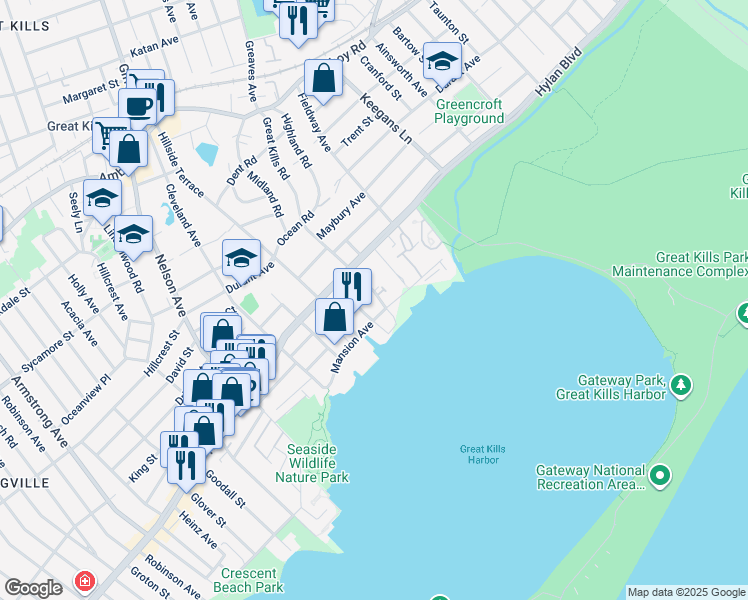 map of restaurants, bars, coffee shops, grocery stores, and more near 360 Great Kills Road in Staten Island