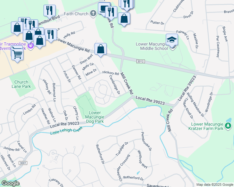map of restaurants, bars, coffee shops, grocery stores, and more near 1596 Cambridge Drive in Macungie