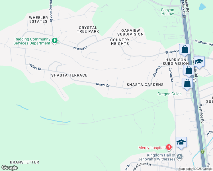 map of restaurants, bars, coffee shops, grocery stores, and more near Riviera Drive & Castle Court in Redding