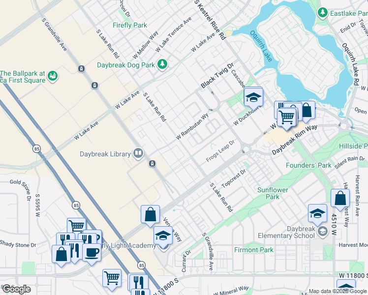 map of restaurants, bars, coffee shops, grocery stores, and more near 11362 Lake Run Road in South Jordan