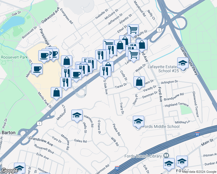 map of restaurants, bars, coffee shops, grocery stores, and more near 37 South Oak Avenue in Woodbridge Township