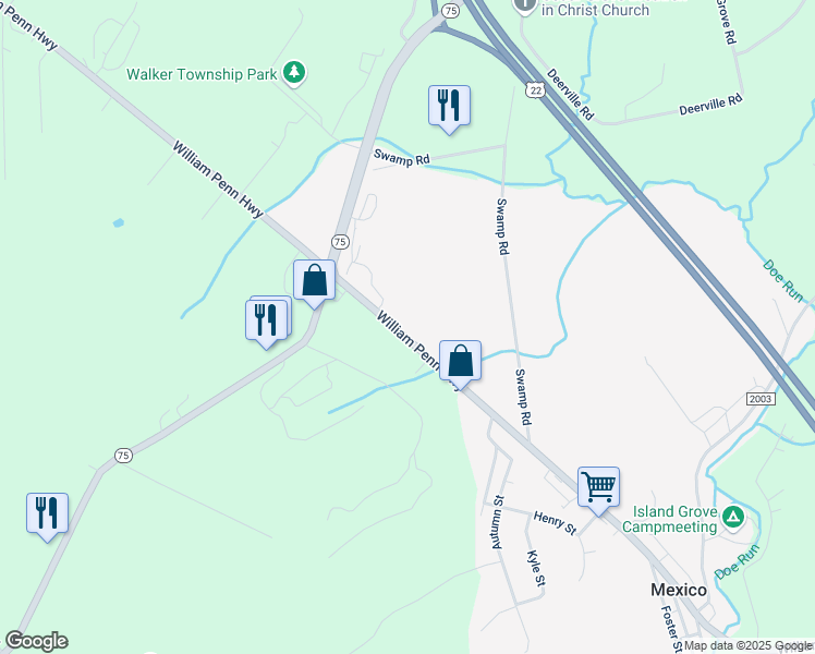map of restaurants, bars, coffee shops, grocery stores, and more near 5953 William Penn Highway in Mifflintown