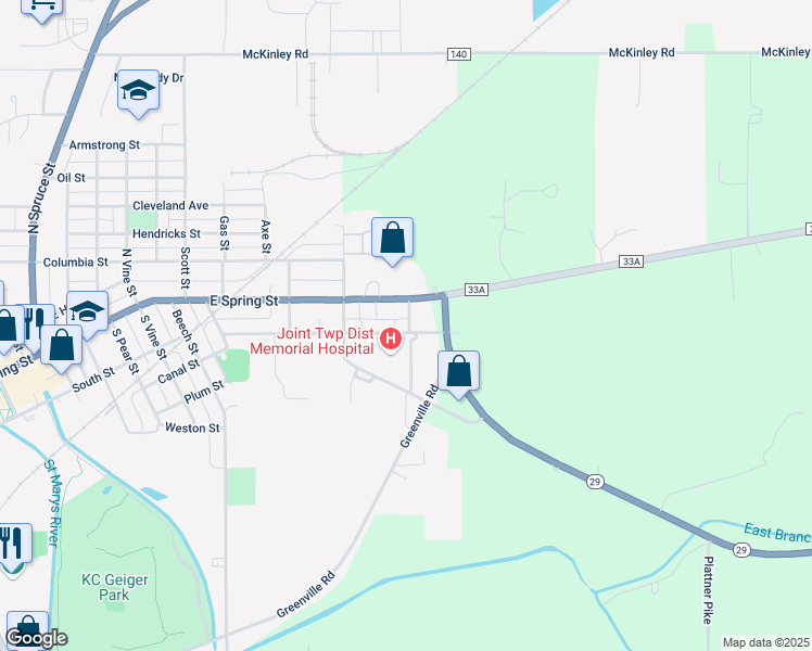 map of restaurants, bars, coffee shops, grocery stores, and more near 1175-1199 Hager Street in St. Marys
