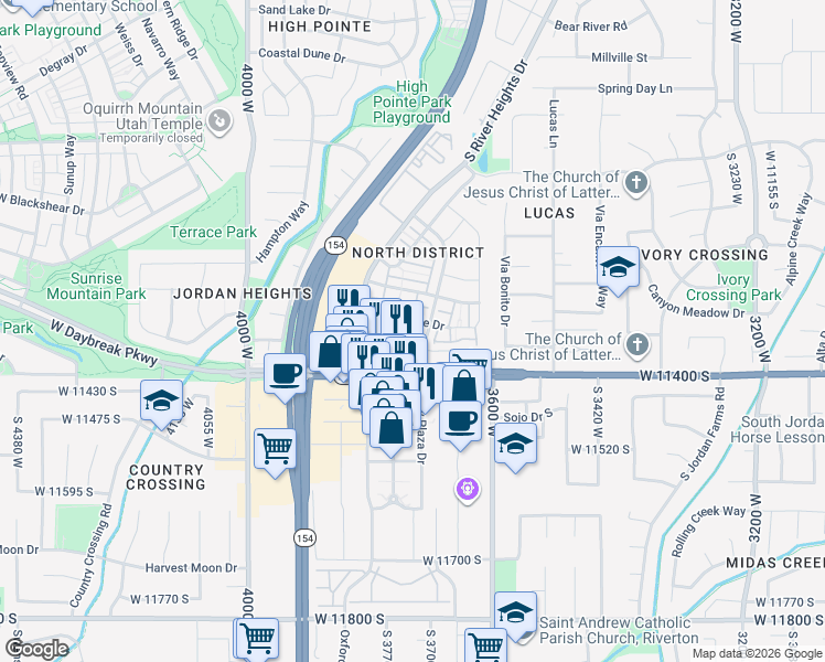 map of restaurants, bars, coffee shops, grocery stores, and more near 3719 Summer Bluff Lane in South Jordan