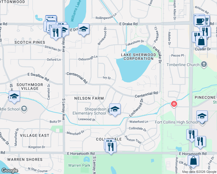 map of restaurants, bars, coffee shops, grocery stores, and more near 1501 Centennial Road in Fort Collins